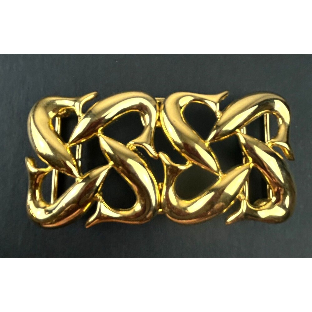 Vtg Paquette Dolphin Abstract Fish Interlocking Belt Buckle Gold Tone Signed